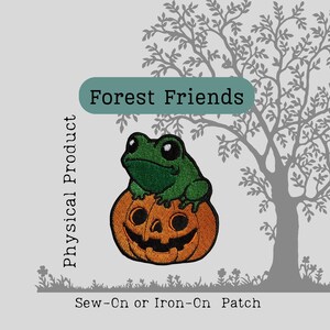 Embroidered Frog Patch: Toad on Pumpkin, Cottagecore Halloween Decor