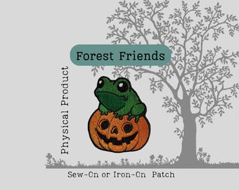 Embroidered Frog Patch: Toad on Pumpkin, Cottagecore Halloween Decor