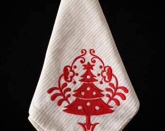 Embroidered Gold Striped Christmas Holiday Napkin with a red tree