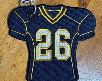 Customizable football keychain/bag tag, embroidered football jersey