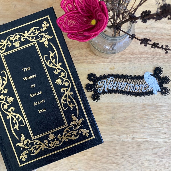 Nevermore Bookmark, Free Standing Lace, Edgar Allan Poe, Gothic Book Gift, Embroidered Bookmark, Raven