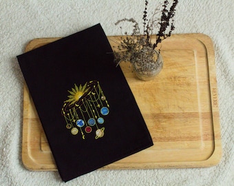 Embroidered Solar System Tea Towel: Cosmic Kitchen Witch Gift