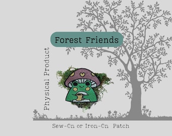Embroidered Frog Patch: Cottagecore Coffee Frog with Mushroom Hat