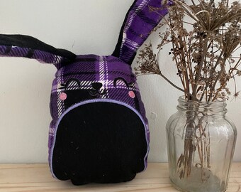 Gothic Stuffed Bunny: Purple Plaid Flannel, Embroidered Witchy Decor