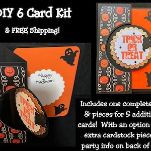 May include: DIY Halloween card kit with orange and black cardstock. The cards feature pumpkin and ghost designs, with the words "Trick or Treat" and "Happy Halloween". Includes pieces for 6 cards.