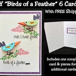 May include: DIY card kit featuring a purple and white design with two bird illustrations, floral accents, and the text "Hello Sweet Friend" and "Birds of a Feather." Includes one complete card and pieces for five additional cards.