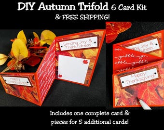 May include: DIY Autumn Trifold 6 Card Kit with free shipping. The kit includes one complete card and pieces for 5 additional cards. The cards feature a fall leaf design with the text "Sending Joy & Thankfulness" and "Happy Thanksgiving!"