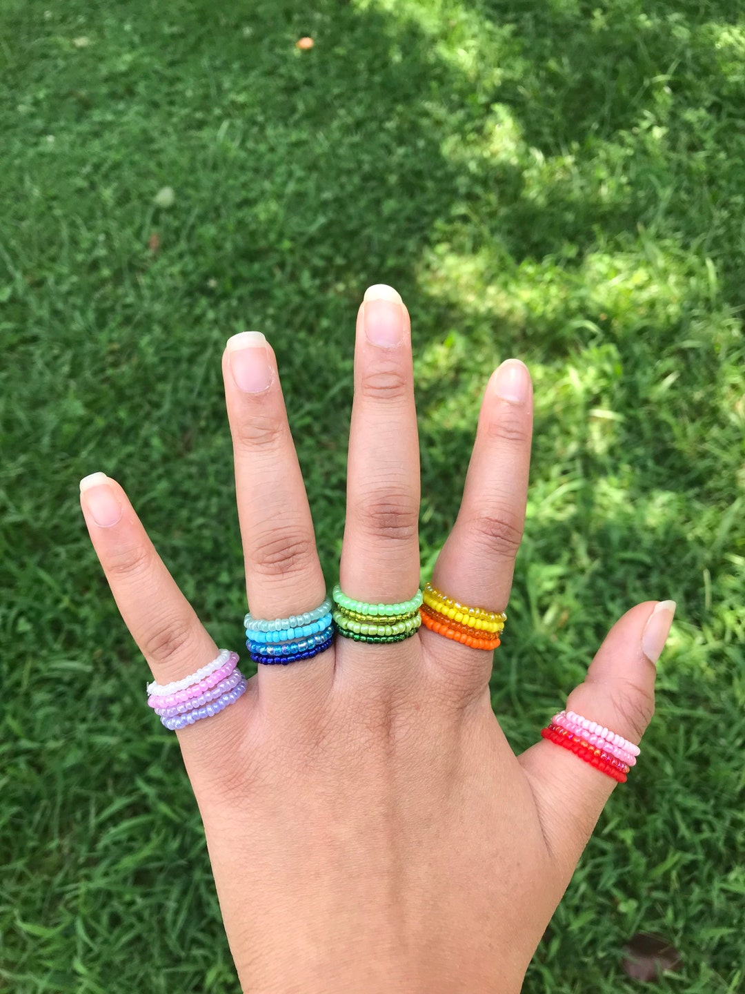 Seed Bead Rings Set Cute Danity Bead Rings Colorful Trendy Summer