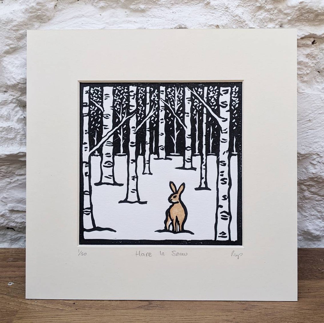 Hare in Snow Original Lino Print Limited Edition in Black With ...