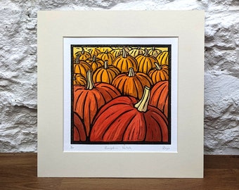 Pumpkin Patch. Limited Edition Linocut Print and Handpainted Ink