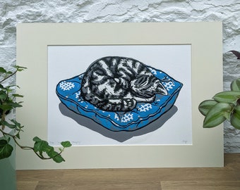 I'Miaow'nly Sleeping. Limited Edition Original Lino Print. 3 Layers. Blue. A3