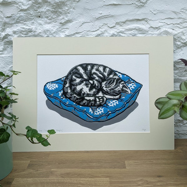 I'Miaow'nly Sleeping. Limited Edition Original Lino Print. 3 Layers. Blue. A3