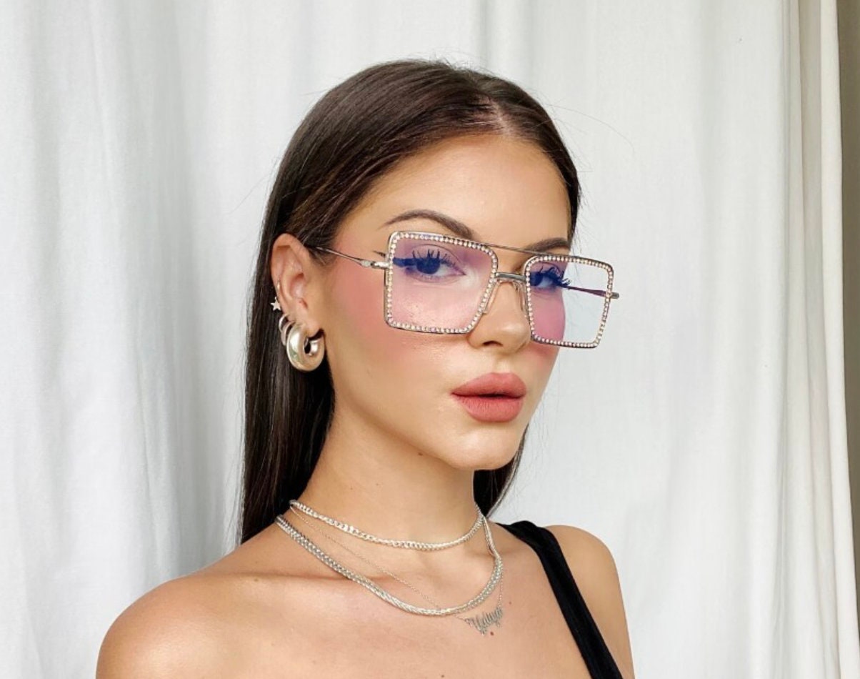 Big Frame Rhinestones Myopia Glasses Women Retro Double 