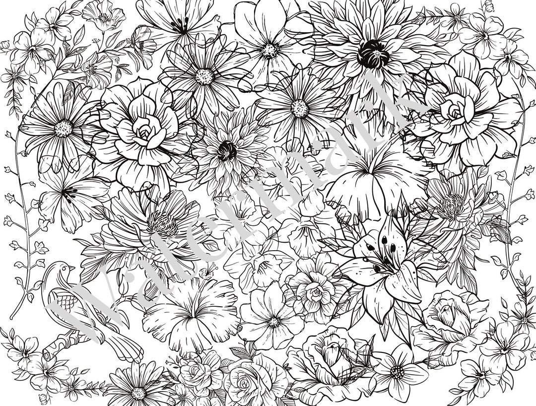 Printable Floral Coloring Page Adult Coloring Pages, Grayscale Coloring ...