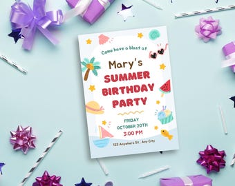 Invitación colorida a la fiesta de cumpleaños de verano, invitación a la fiesta en la piscina, celebración de barbacoa, invitaciones de cumpleaños personalizadas, suministros personalizados para la fiesta