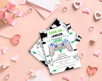 Invitación de cumpleaños de videojuegos, invitación a fiesta de jugadores, cumpleaños temático de juegos, decoración de fiesta de videojuegos, invitación para subir de nivel