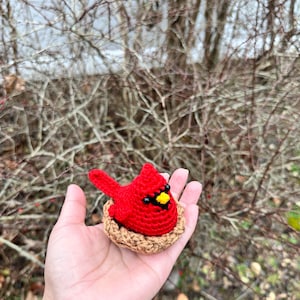 K&ouml;nnte beinhalten: Eine kleine, leuchtend rote, geh&auml;kelte Kardinalvogel-Figur mit gelbem Schnabel und schwarzen Augen, die in einem strukturierten, hellbraunen, geh&auml;kelten runden Nest sitzt. Der Vogel hat einen spitzen Kamm auf dem Kopf und einen kleinen F&auml;cherschwanz.