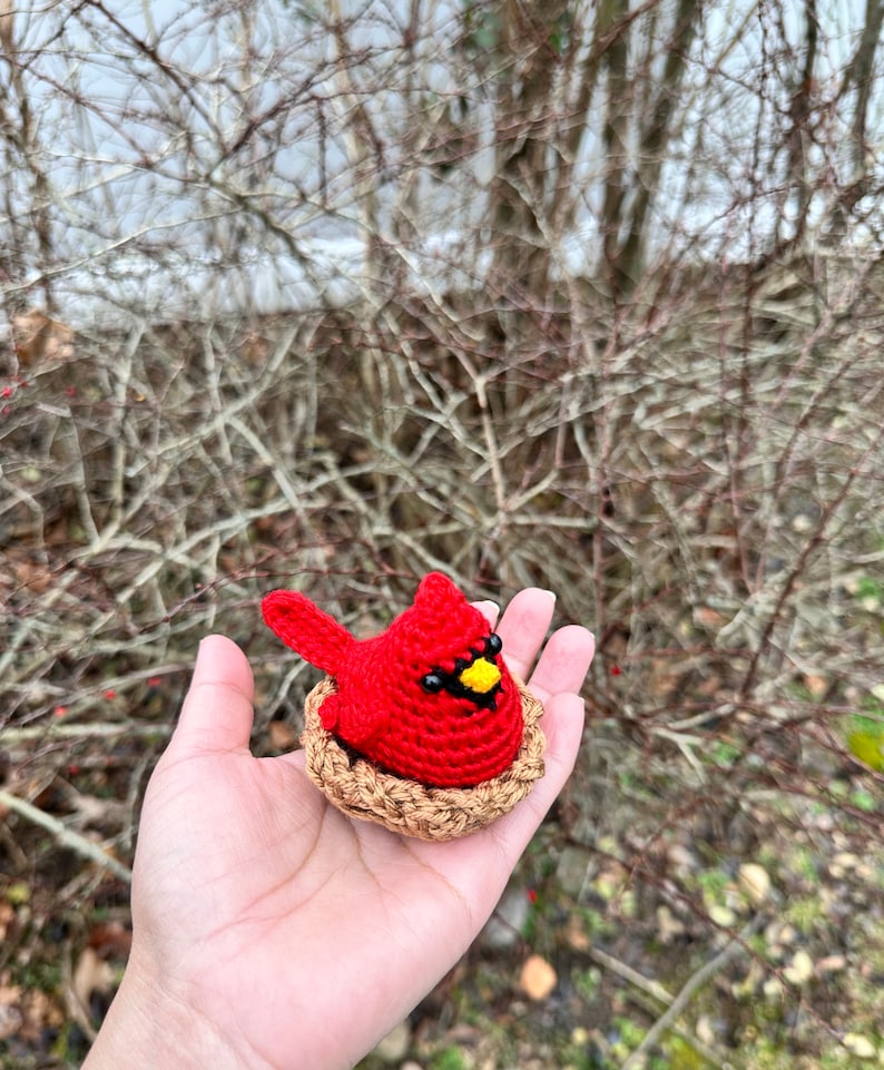 K&ouml;nnte beinhalten: Eine kleine, leuchtend rote, geh&auml;kelte Kardinalvogel-Figur mit gelbem Schnabel und schwarzen Augen, die in einem strukturierten, hellbraunen, geh&auml;kelten runden Nest sitzt. Der Vogel hat einen spitzen Kamm auf dem Kopf und einen kleinen F&auml;cherschwanz.