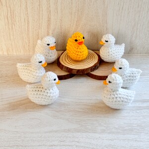 May include: A yellow crocheted duck surrounded by six white crocheted ducks on a wooden surface.