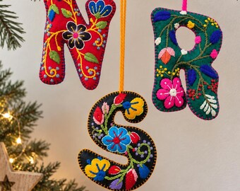 Embroidered Wool Letter Ornament, Floral Alphabet Tree Decoration