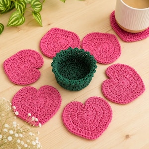 Crochet Heart Coaster Set with Basquet| Handmade Drink Coaster |Housewarming Gift
