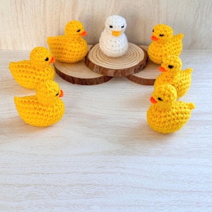 May include: A white crocheted duck surrounded by seven yellow crocheted ducks. The ducks are arranged in a circle around the white duck, which is sitting on a wooden log.