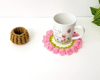 Crochet Flower  Coaster  with Basket | Floral Cup Holder