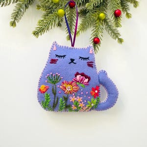 Handmade Embroidered Felt Cat Ornament, Floral Christmas Tree Decor, Cat Lover Gift