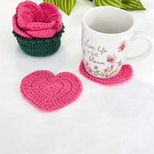 Crochet heart coaster with a Pot , set of 6 coasters .