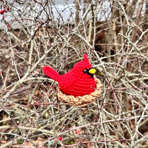 K&ouml;nnte beinhalten: Ein geh&auml;kelter Kardinalvogel aus leuchtend rotem Garn mit einem kleinen gelben Schnabel und schwarzen Augendetails, der in einem beigefarbenen, strukturierten, kreisf&ouml;rmigen geh&auml;kelten Nest sitzt. Der Vogel hat einen spitzen Kamm und einen kurzen Schwanz.