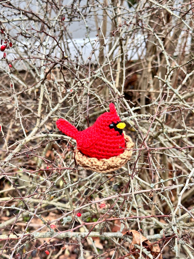 K&ouml;nnte beinhalten: Ein geh&auml;kelter Kardinalvogel aus leuchtend rotem Garn mit einem kleinen gelben Schnabel und schwarzen Augendetails, der in einem beigefarbenen, strukturierten, kreisf&ouml;rmigen geh&auml;kelten Nest sitzt. Der Vogel hat einen spitzen Kamm und einen kurzen Schwanz.