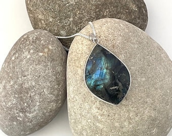 Large Labradorite Crystal Tear Drop Pendant Necklace