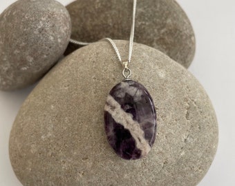 Elegant Polished Amethyst Pendant with Silver Chain - Healing Crystal Necklace for Stress Relief