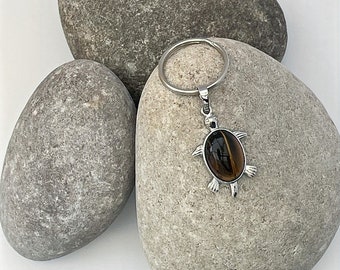 Tigers Eye Tortoise Keyring: Healing Crystal Gemstone Keychain for Small Gifts & Stocking Fillers
