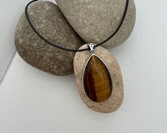 Large Teardrop Tigers Eye Pendant Necklace - Adjustable Cord