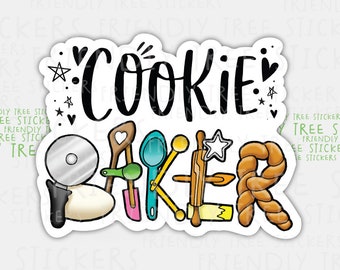 May include: A colorful sticker with the text "Cookie Baker" in black lettering. The letters are decorated with various kitchen tools, including a rolling pin, a whisk, a spatula, a pizza cutter, and a loaf of bread.