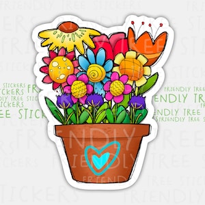 May include: A colorful sticker of a potted plant with a heart in the center of the pot. The pot is brown and the flowers are red, yellow, orange, blue, purple, and pink.