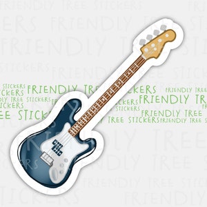 K&ouml;nnte beinhalten: Ein blauer E-Gitarren-Aufkleber mit einem wei&szlig;en Schlagbrett und einem braunen Hals. Der Aufkleber hat einen wei&szlig;en Umriss.
