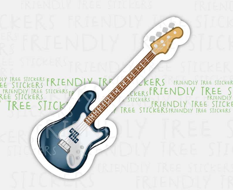 K&ouml;nnte beinhalten: Ein blauer E-Gitarren-Aufkleber mit einem wei&szlig;en Schlagbrett und einem braunen Hals. Der Aufkleber hat einen wei&szlig;en Umriss.
