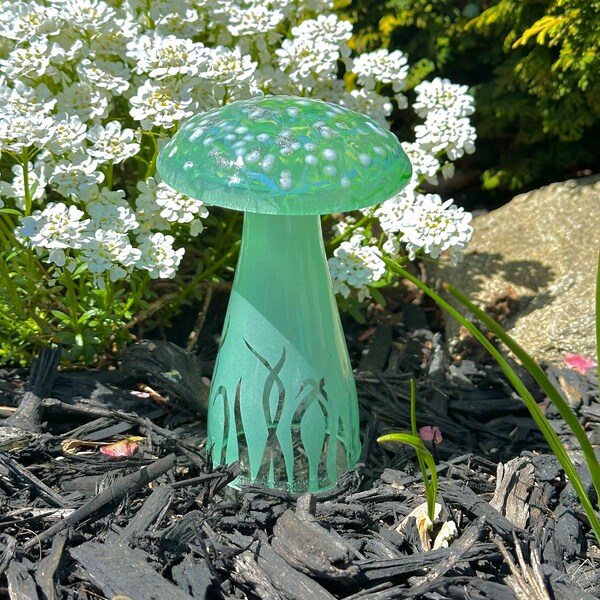 Light green speckled kiln fired recycled glass mushroom for yard or solar lights