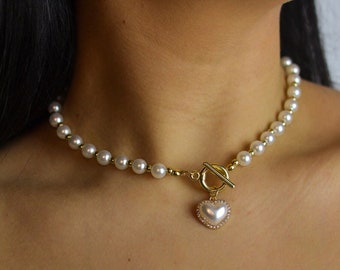 Collier de perles avec coeur,collier de perles,bijou fantaisie,collier de perles