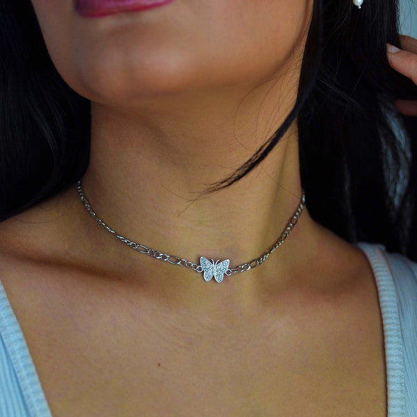 Choker with butterfly, Shiny chain with butterfly, Choker with butterfly