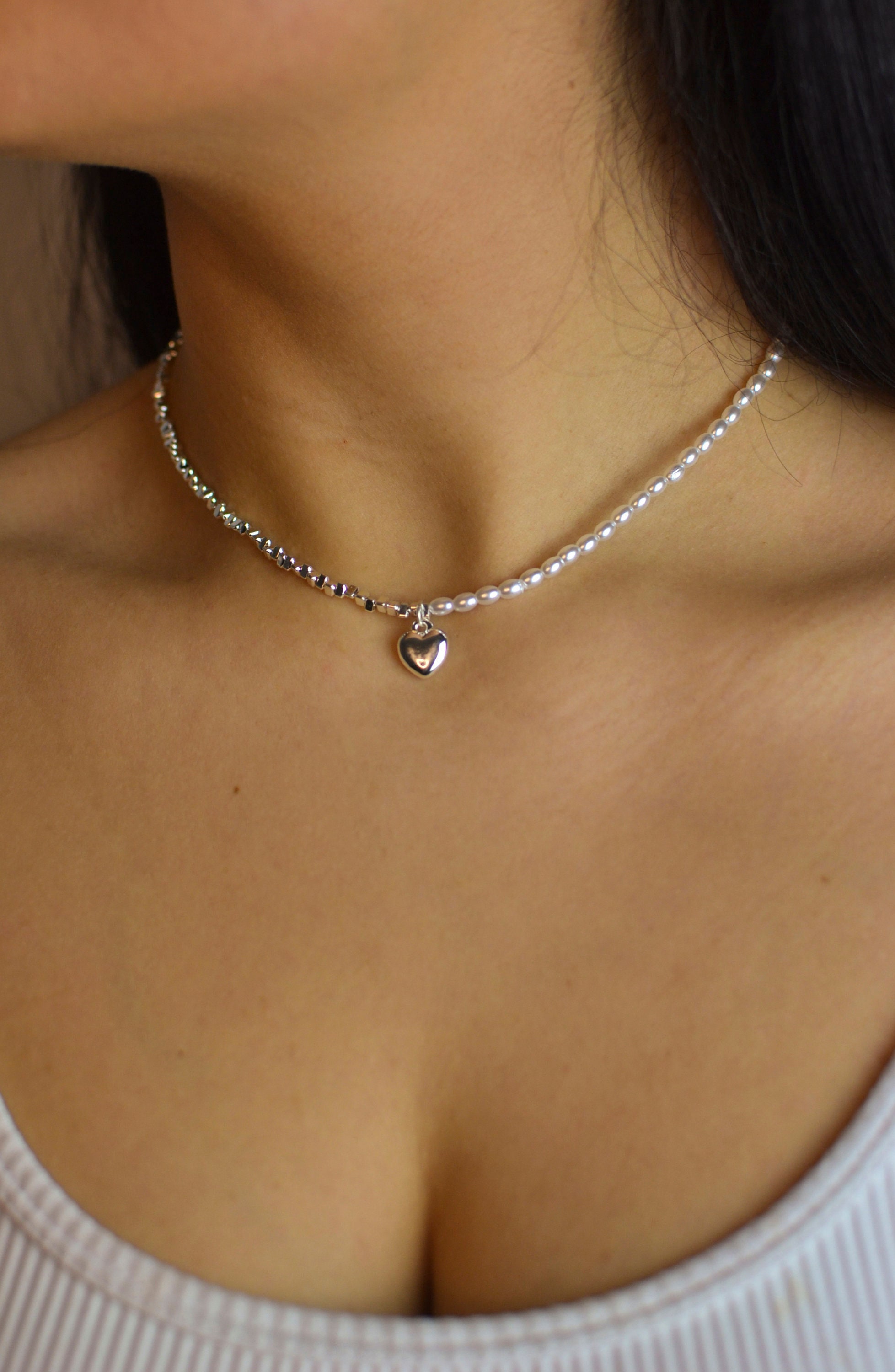 Silver Gold Plated Single Strand Pearl Necklace