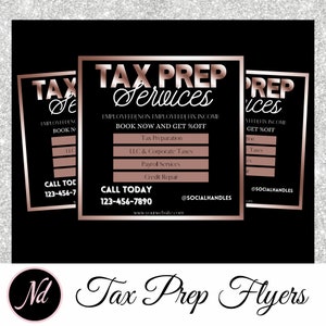 Tax prep flyer, tax prep templates, digital flyers, pink, silver and black flyers, tax prep services