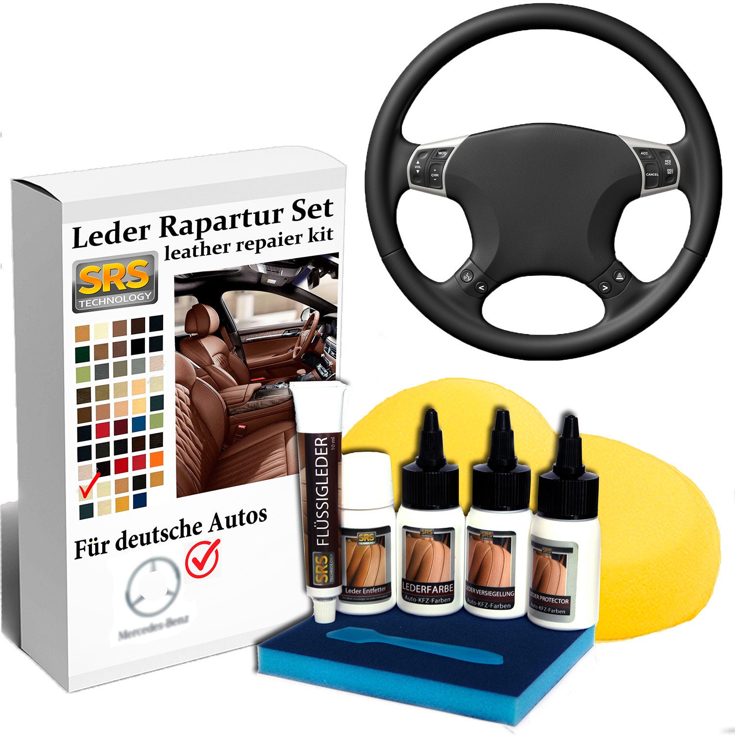 Leder reparatur Set für Lenkrad. BMW, Audi, Mercedes, schwarz. Lederfarbe.  Kit leather repair. Steering wheel repair. Leather color black. - .de