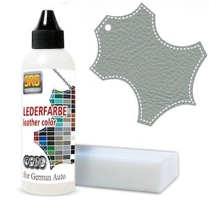 Może przedstawiać: Butelka farby do skóry dla niemieckich samochodów. Butelka jest przezroczysta i ma etykietę z tekstem "SRS Technology", "Lederfarbe", "leather color" i "for German Auto". Etykieta zawiera również paletę kolorów z różnymi odcieniami skóry. W zestawie znajduje się mała gąbka.