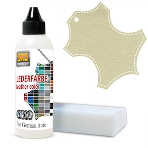 May include: A bottle of leather dye for German cars. The bottle is clear and has a label with the text "SRS Technology", "Lederfarbe", "leather color", and "for German Auto". The label also has a color chart with different shades of leather. A small piece of beige leather and a white sponge are also shown.