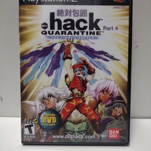 Könnte beinhalten: PlayStation 2 Videospiel-Hülle mit einer farbenfrohen Anime-Illustration von Charakteren aus dem Spiel "hack//Quarantine: The Final Chapter". Das Spiel ist von der ESRB mit T für Teenager bewertet und enthält eine Anime-DVD.