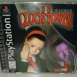 May include: PlayStation game case for Clock Tower 2: The Struggle Within. The case is black with a red and white title and a picture of two girls. The game is rated M for Mature by the ESRB.