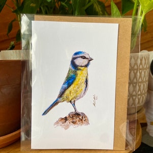 Bluetit-wenskaart – Handgemaakt – Aquarelkunst – Vogel – Vogelliefhebber – Natuur